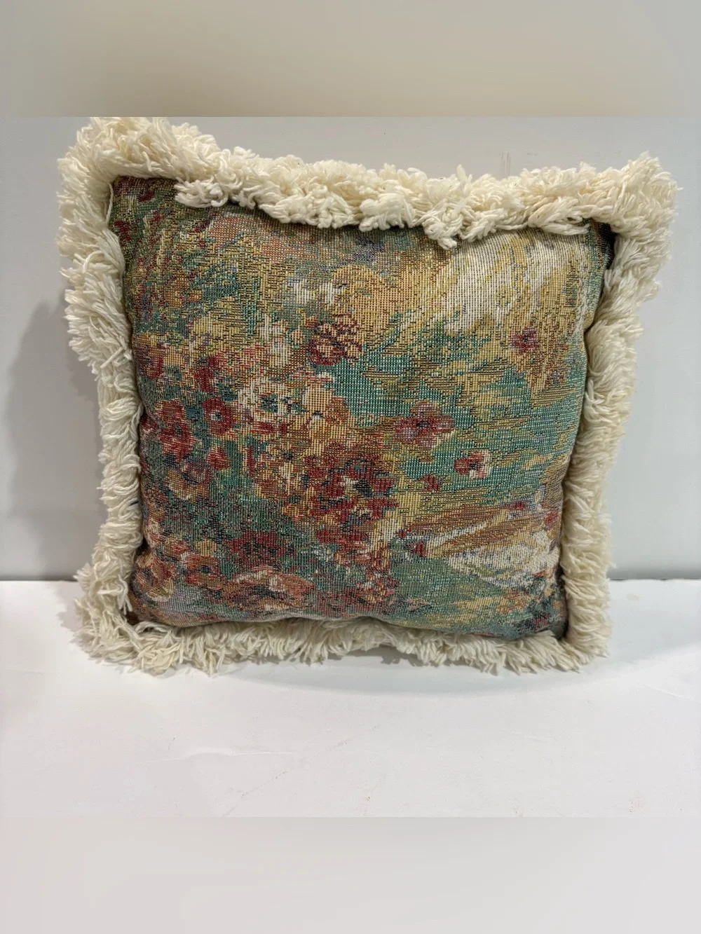Vtg Needlepoint Tapestry Pillow Floral Design Cottagecore Fringe Romantic 9”